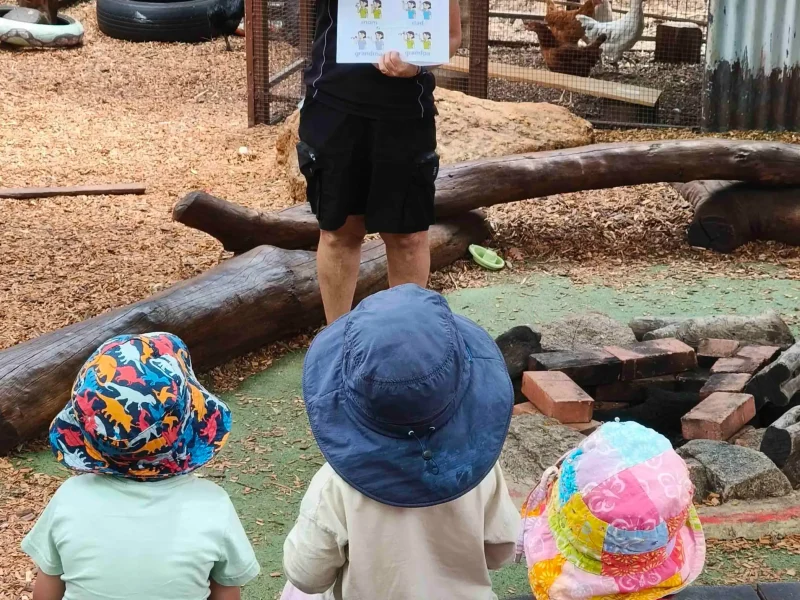 A teacher wearing a hat holds up a paper with faces on it and gestures with one hand, while three young children in colourful hats sit outdoors, facing her near a log and fenced enclosure.