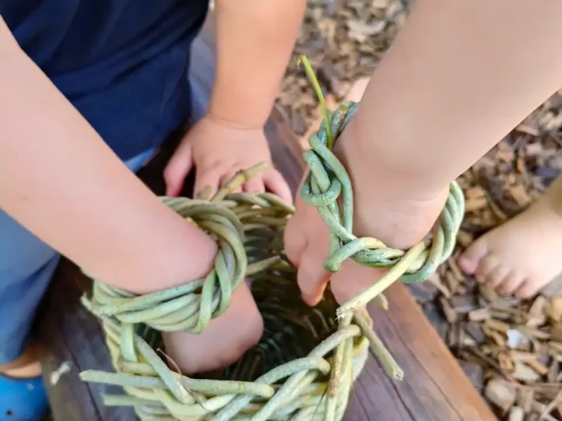Two Nature Kindergarten children with vine bracelets reaching into a handwoven twig basket during a basket weaving incursion at Little Learners White Gum Valley Perth