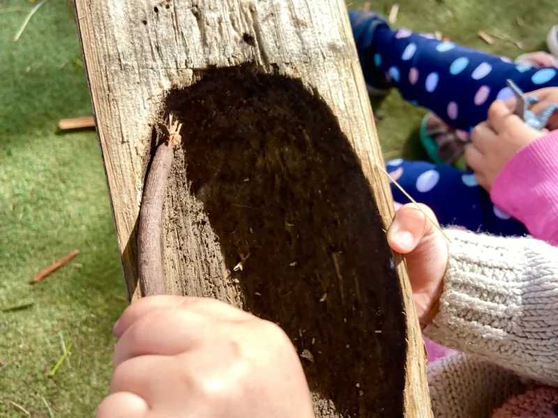 A child’s hands hold a piece of wood while drawing on its surface with a stick. Another child is sitting nearby on green grass, wearing blue polka-dot leggings and pink shoes.
